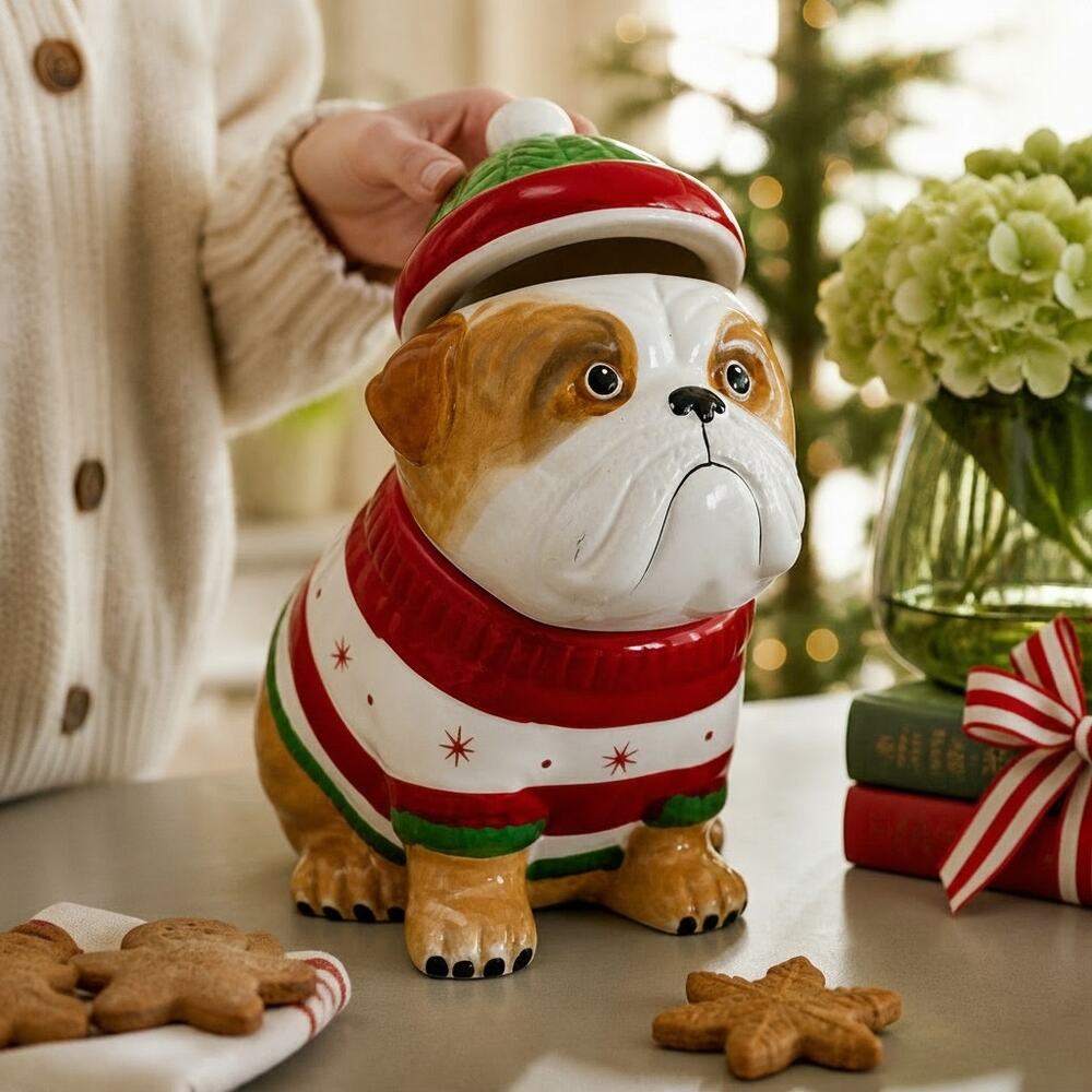 Sleigh Bell Bistro Holiday Hand-Painted Bulldog Ceramic Cookie Jar